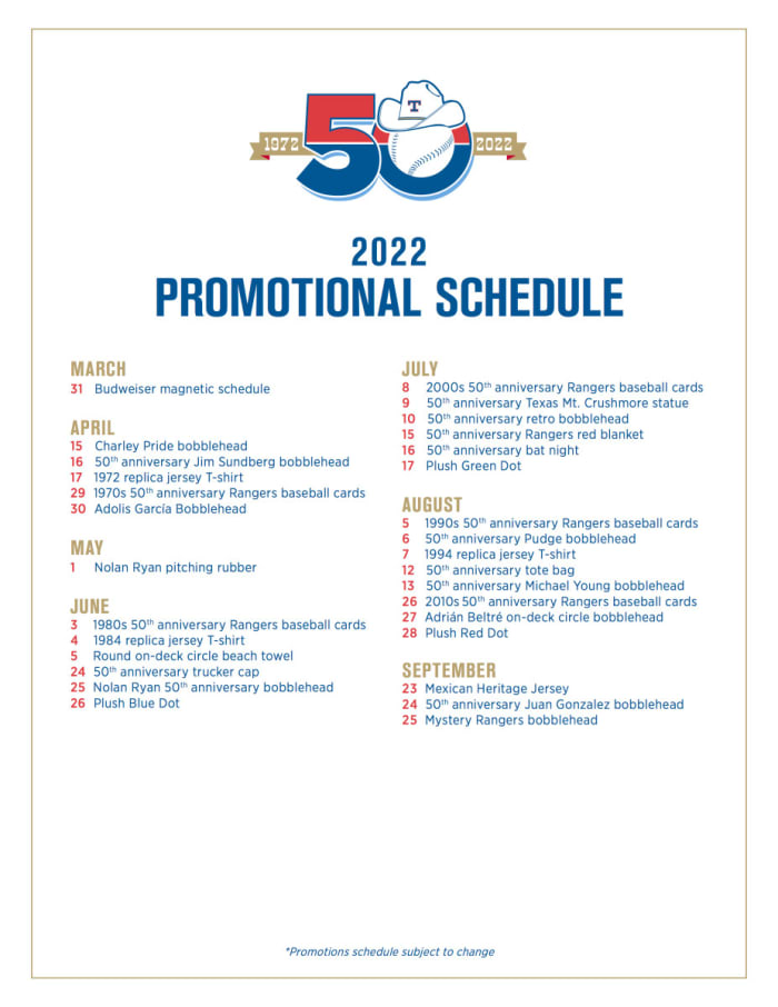 Texas Rangers 2022 Promotional Schedule